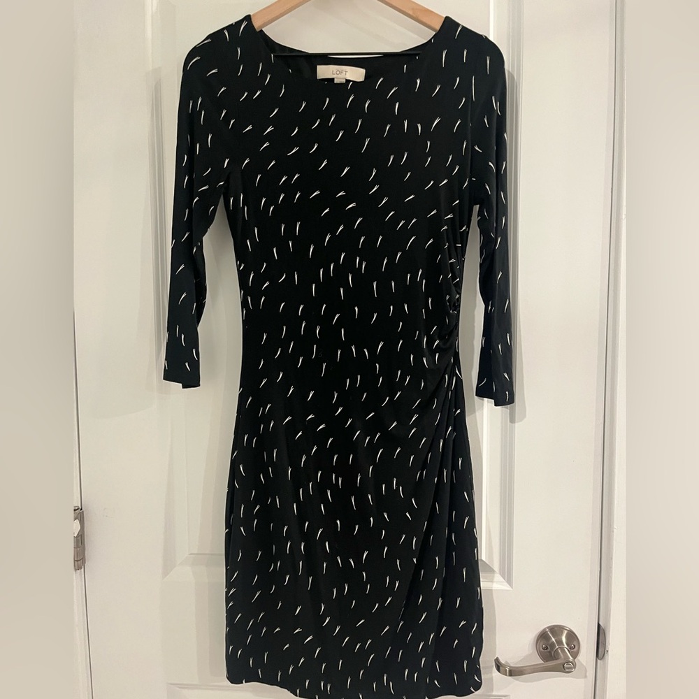 LOFT Black and White Lined Patterned Long Sleeve Dress